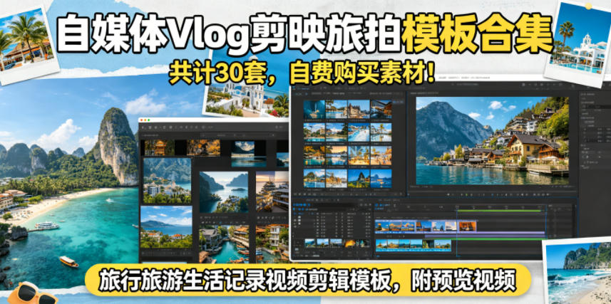 自媒体Vlog剪映旅拍模板合集，共计30套，自费购买素材！旅行旅游生活记录视频剪辑模板，附预览视频-众狼学堂